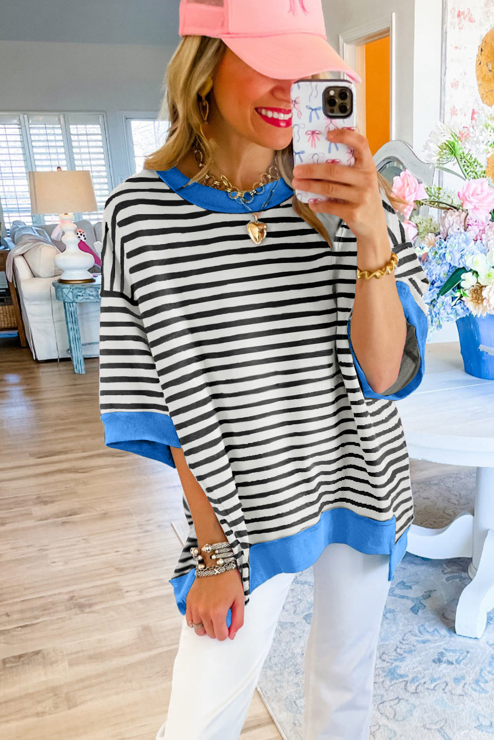 ISA | Gestreept Loose Fit T-Shirt Voor Dames Met Contrast Trim En Wijde Mouwen – Comfortabel, Casual, Stijlvol
