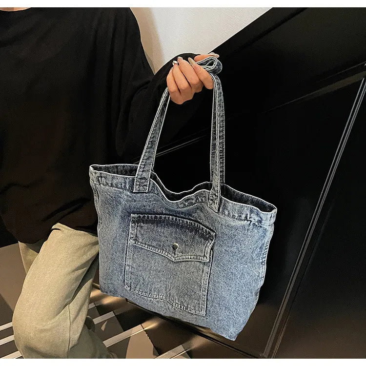 ROOS | Denim Tote Bag Voor Dames Met Voorvak En Lange Hengsels – Casual, Praktisch, Tijdloos