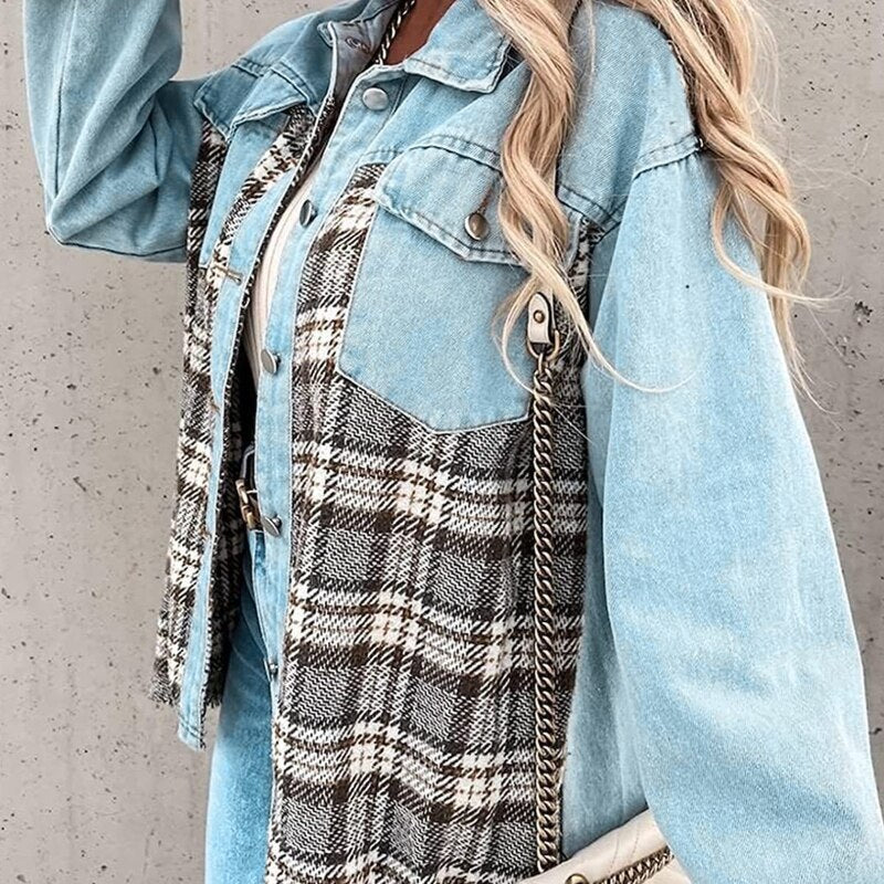 NINA | Dames Denim Jack Met Geruit Detail – Stoer, Vrouwelijk & Perfect Voor Elke Dag