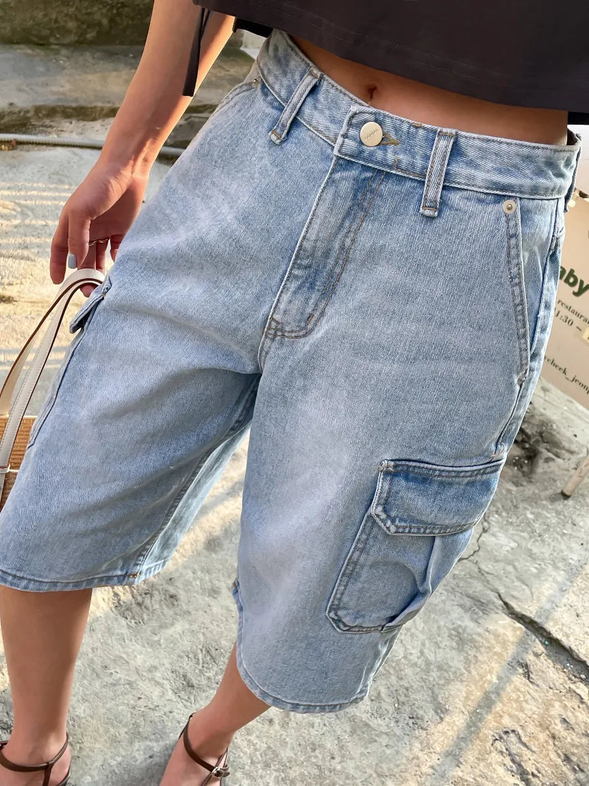 ELINA | Oversized Denim Shorts Voor Dames met Cargozakken – Baggy, Stoer en Comfortabel