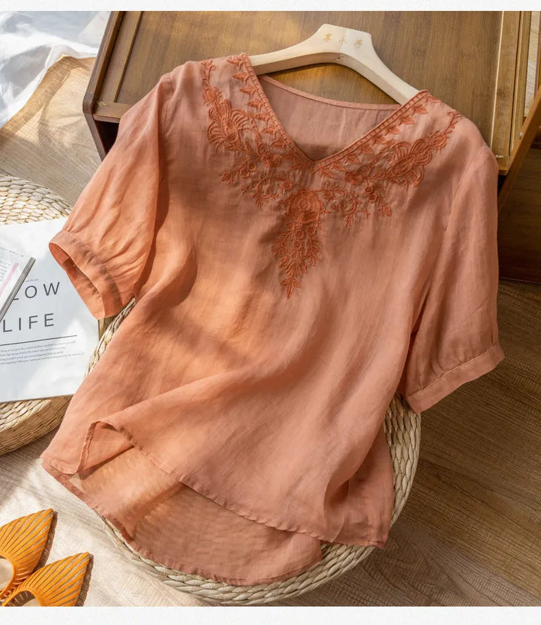 NATALIA | Geborduurde Linnen Dames Blouse met V-Hals – Luchtig, Boho & Elegant