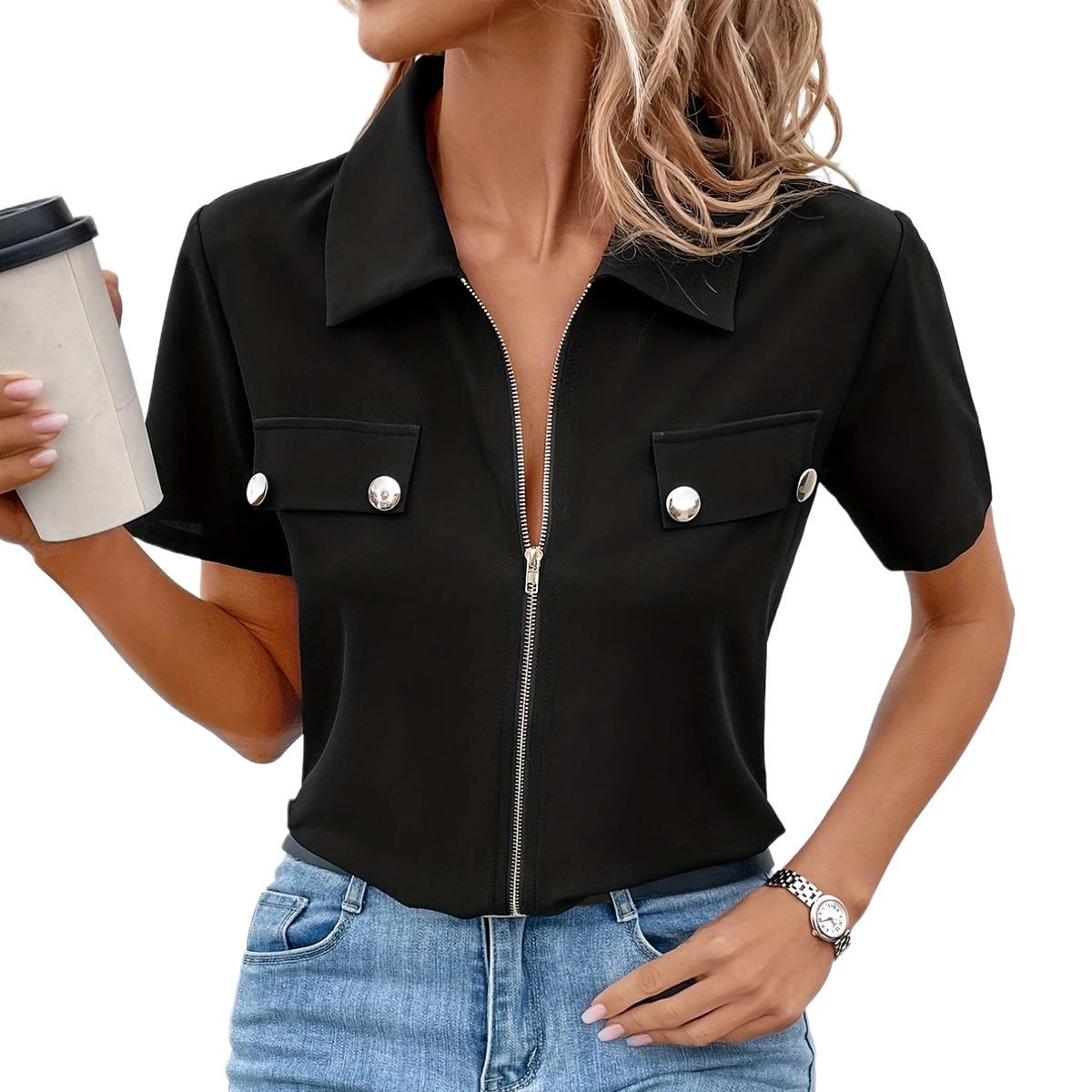 MELINE | Stijlvolle Damesblouse met Knoopaccent en Ritssluiting