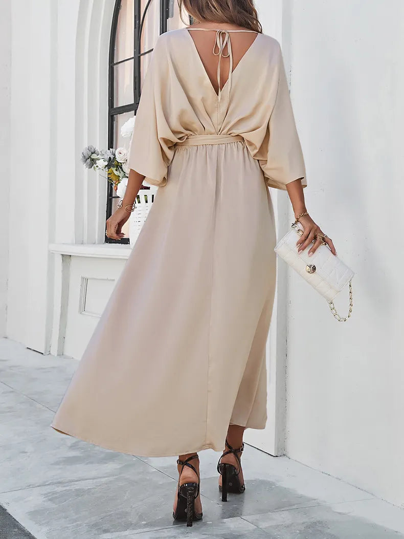 CÉLESTE | Chique Damesjurk Met V-Hals, Strikdetail & Split – Elegant & Vrouwelijk Voor Feestelijke Gelegenheden