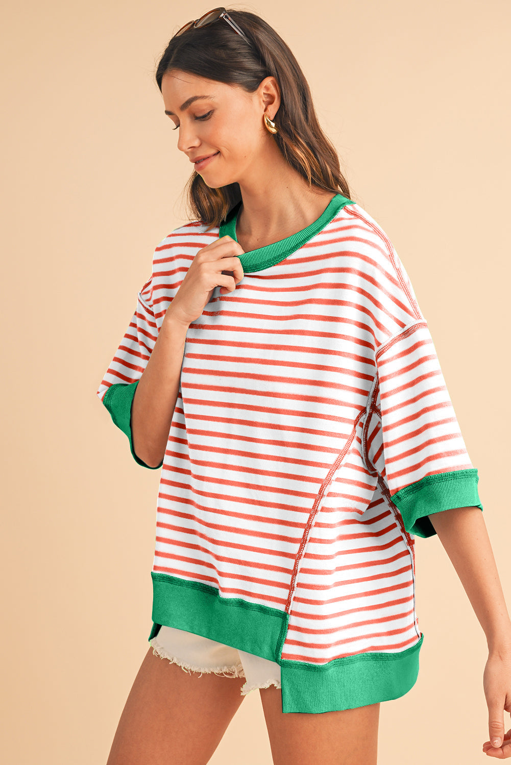ISA | Gestreept Loose Fit T-Shirt Voor Dames Met Contrast Trim En Wijde Mouwen – Comfortabel, Casual, Stijlvol