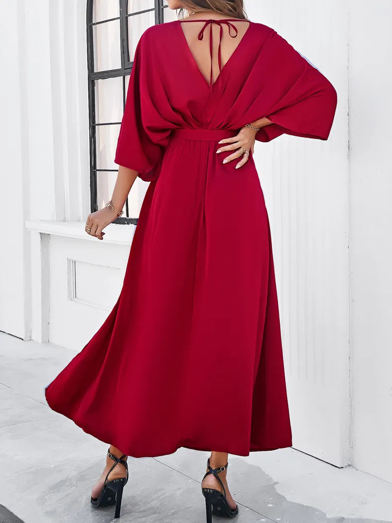 CÉLESTE | Chique Damesjurk Met V-Hals, Strikdetail & Split – Elegant & Vrouwelijk Voor Feestelijke Gelegenheden