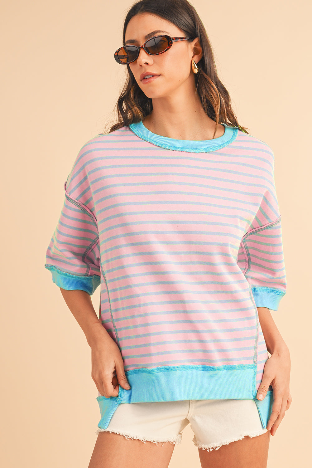 ISA | Gestreept Loose Fit T-Shirt Voor Dames Met Contrast Trim En Wijde Mouwen – Comfortabel, Casual, Stijlvol