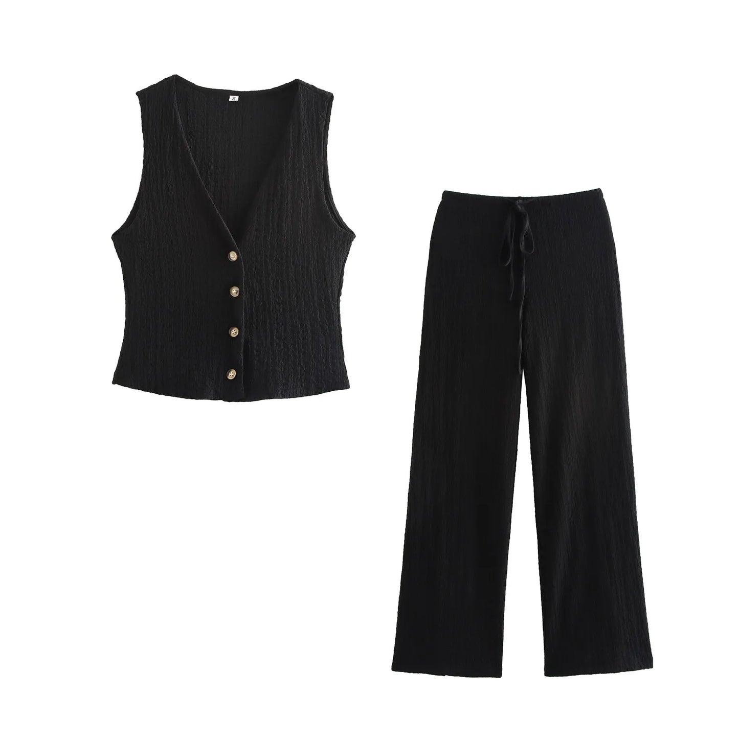 ZOMERSET | Luchtige dames set met knopen & strikkoord – verkrijgbaar in zwart en bruin