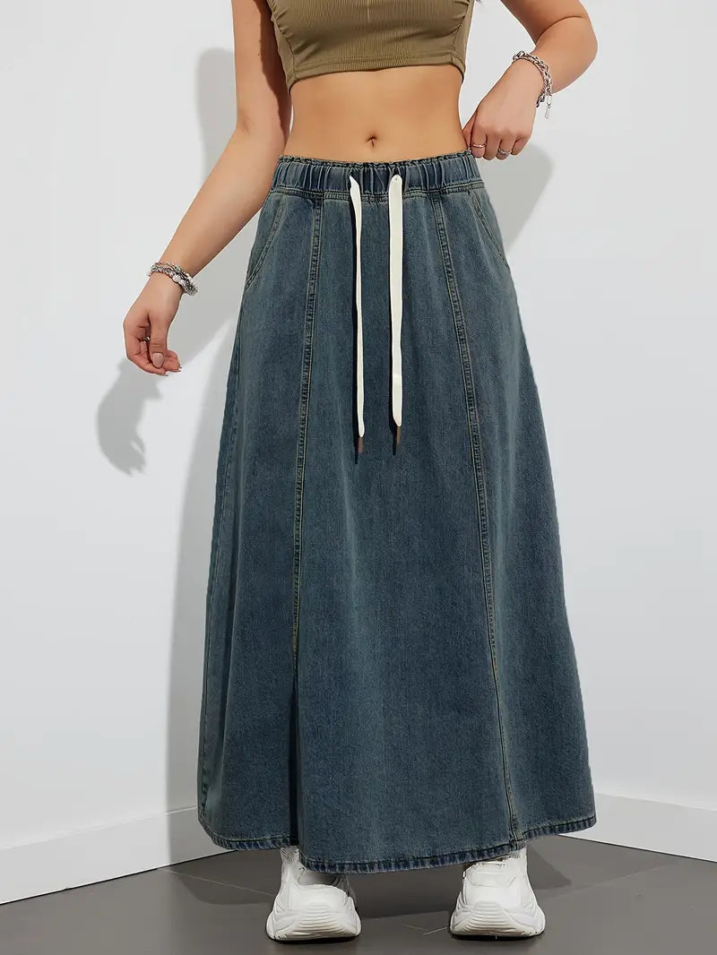 JOLENE | Denim Maxi A-Lijn Rok met Lace Design