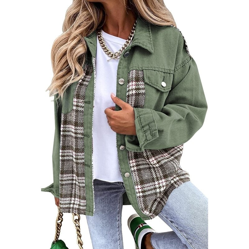 NINA | Dames Denim Jack Met Geruit Detail – Stoer, Vrouwelijk & Perfect Voor Elke Dag