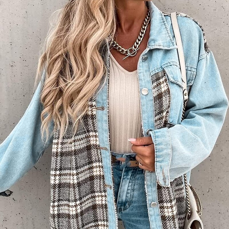 NINA | Dames Denim Jack Met Geruit Detail – Stoer, Vrouwelijk & Perfect Voor Elke Dag