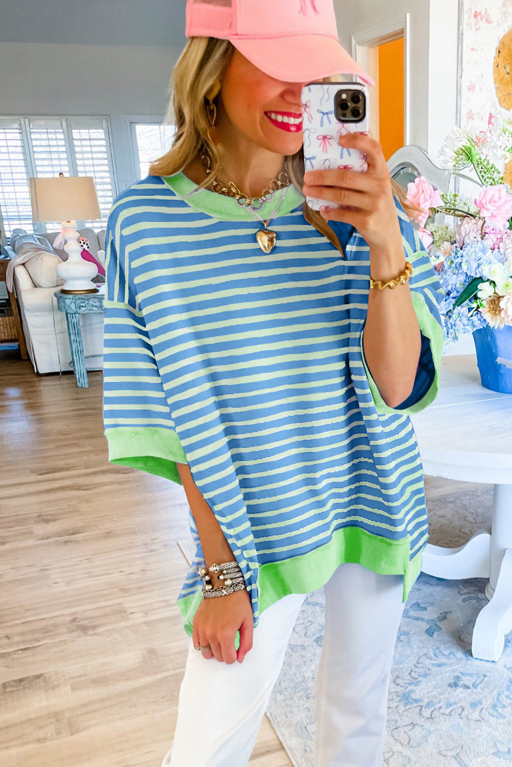 ISA | Gestreept Loose Fit T-Shirt Voor Dames Met Contrast Trim En Wijde Mouwen – Comfortabel, Casual, Stijlvol