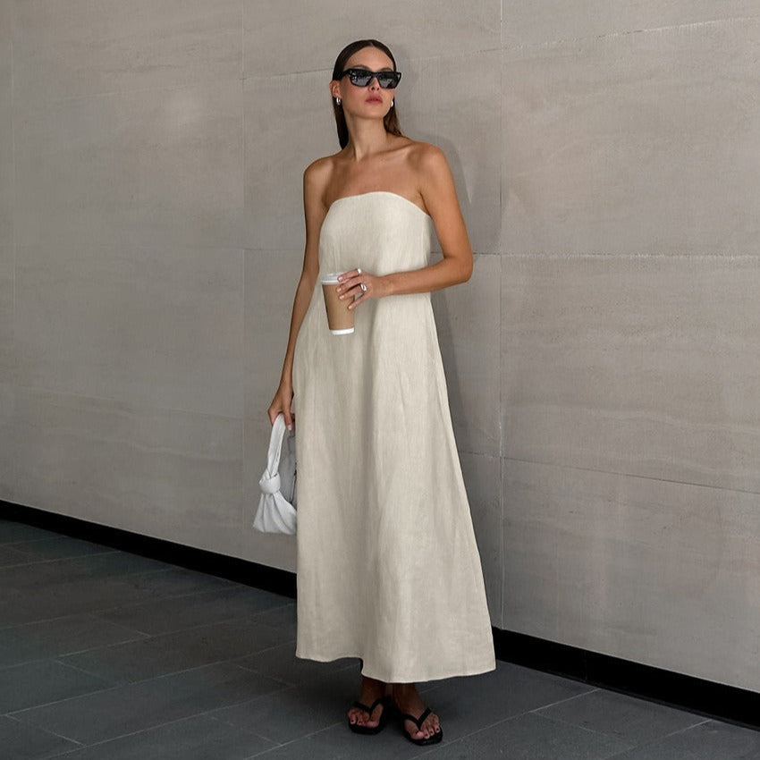 ELODIE | Lange Strapless Jurk Van Linnen-Katoen – Luchtig, Natuurlijk, Elegant