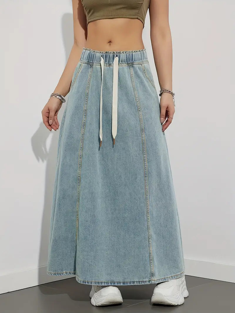 JOLENE | Denim Maxi A-Lijn Rok met Lace Design