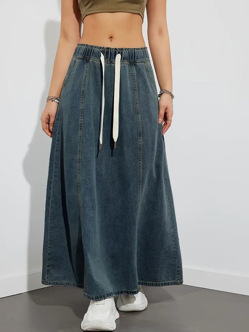 JOLENE | Denim Maxi A-Lijn Rok met Lace Design