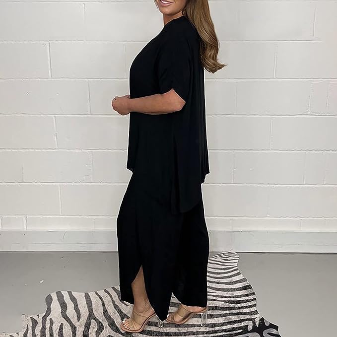 JULES | Dames 2 Delige Relaxed Fit Set Wijdvallende Top & Korte Mouw – Comfortabele Flared Broek