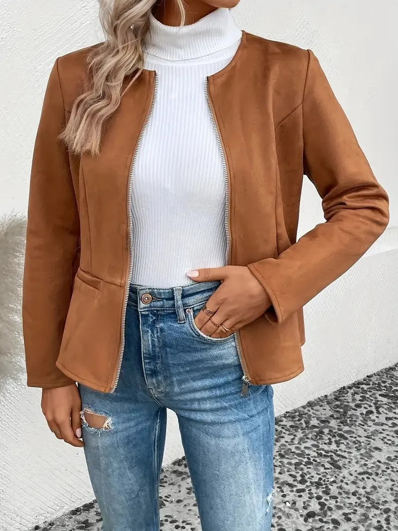 MAEVE | Suède Dames Jasje Met Rits, Ronde Hals & Blazer-Style - Elegant, Stijlvol & Modieus