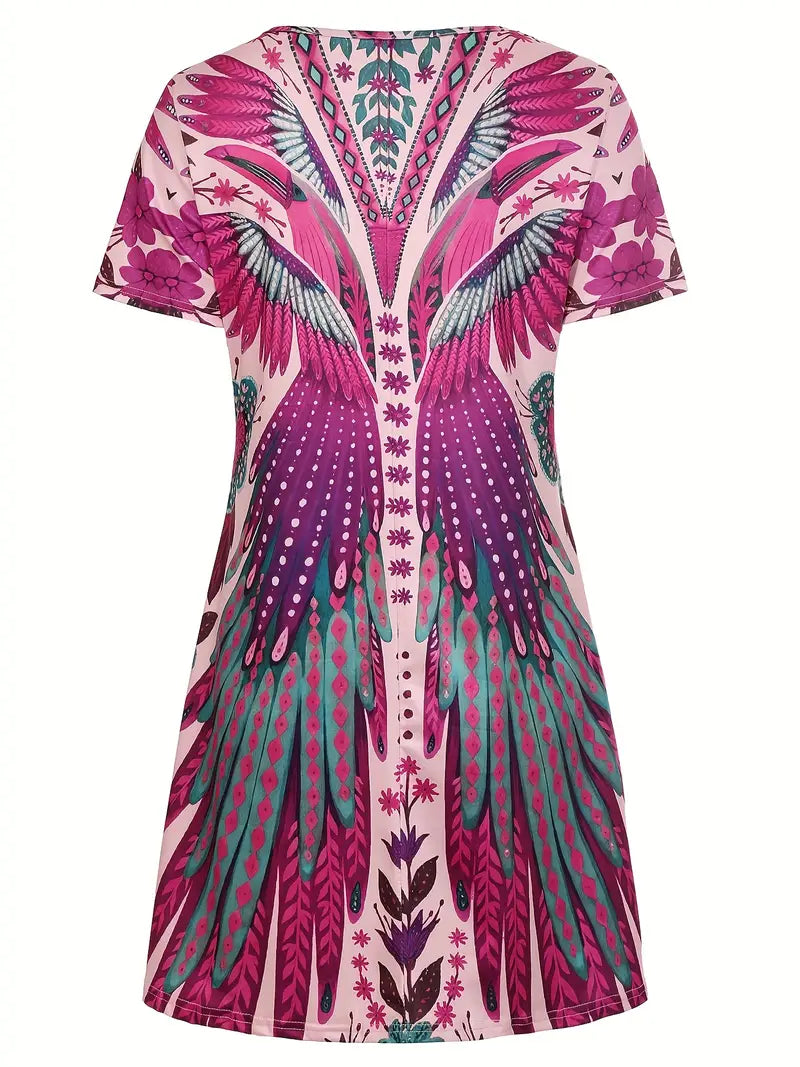 HANA | Korte Zomerjurk Met Vleugelprint – Kleurrijk, Comfortabel & Boho-chic Voor Elke Dag