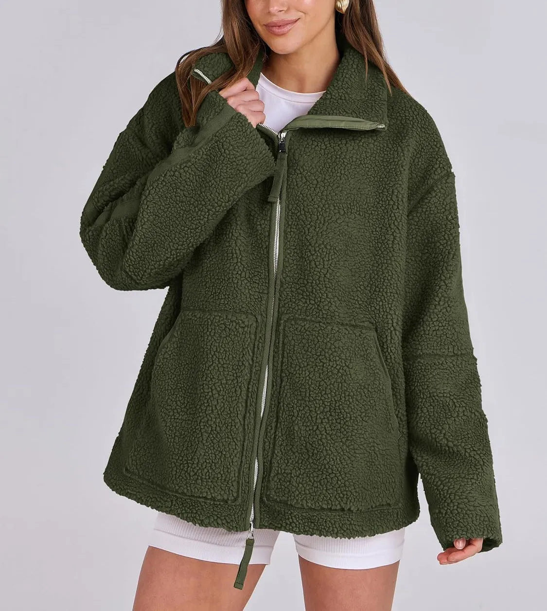 ROMY | Oversized Lamswollen Damesjas met Rits en Staande Kraag - Warm, Stijlvol & Perfect voor de Frisse Dagen