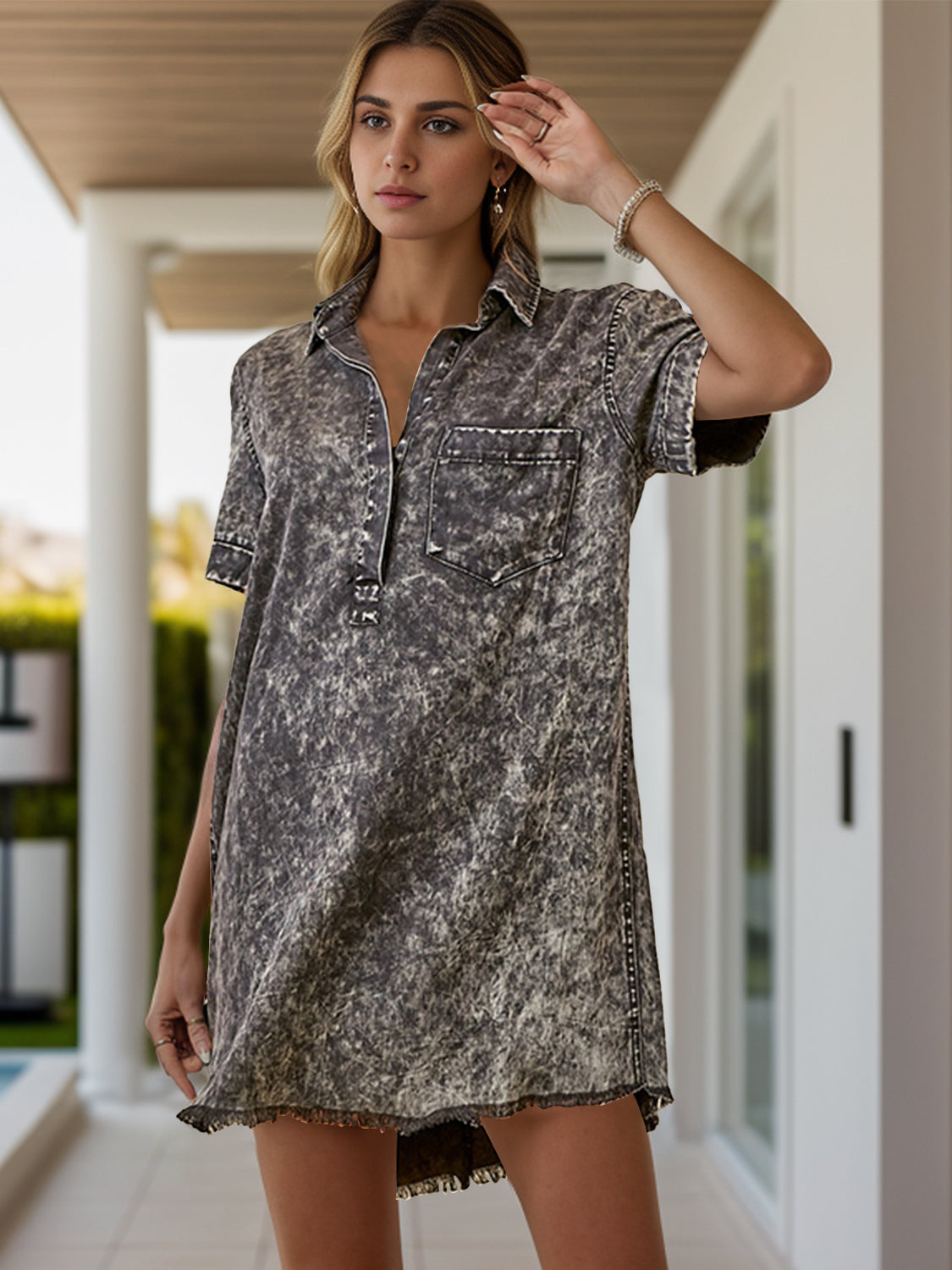 LIZA | Denim T-Shirt Jurk Voor Dames Met Korte Mouwen, Kraag En Borstzak – Stoer, Casual, Comfortabel