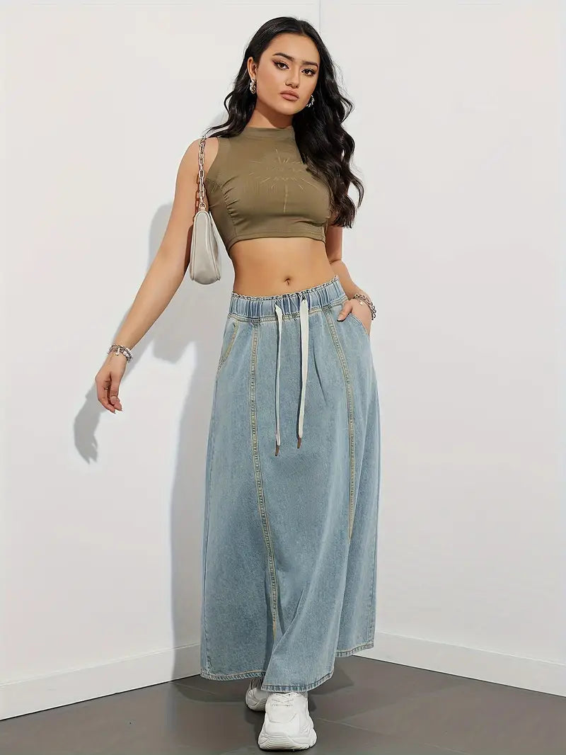 JOLENE | Denim Maxi A-Lijn Rok met Lace Design