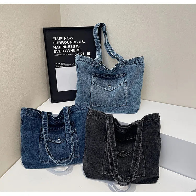 ROOS | Denim Tote Bag Voor Dames Met Voorvak En Lange Hengsels – Casual, Praktisch, Tijdloos