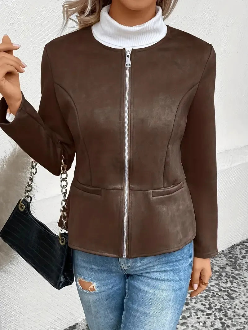 MAEVE | Suède Dames Jasje Met Rits, Ronde Hals & Blazer-Style - Elegant, Stijlvol & Modieus