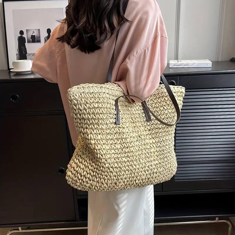 JUNE | Dames Tote Bag Met Geweven Design & Ritssluiting – Ruim Formaat & Lange Comfortabele Schouderhengsels