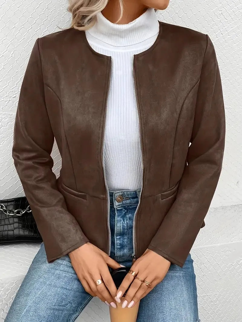 MAEVE | Suède Dames Jasje Met Rits, Ronde Hals & Blazer-Style - Elegant, Stijlvol & Modieus