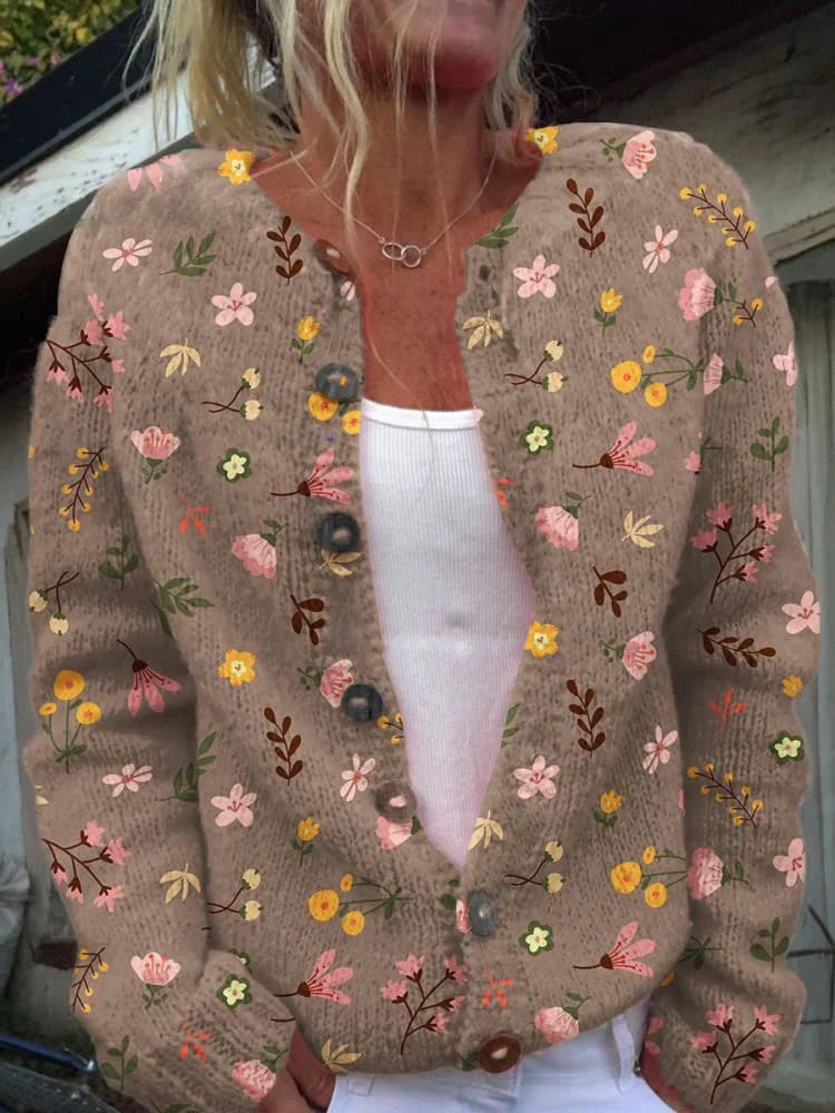 Gebloemde Cardigan Voor Dames – Warme Gebreide Trui Met Elegante Knoopdetails
