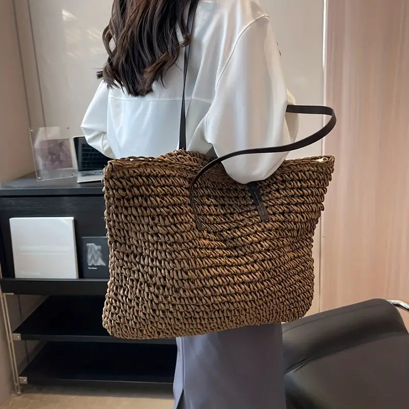 JUNE | Dames Tote Bag Met Geweven Design & Ritssluiting – Ruim Formaat & Lange Comfortabele Schouderhengsels