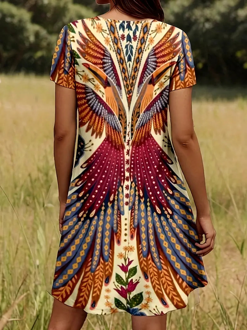HANA | Korte Zomerjurk Met Vleugelprint – Kleurrijk, Comfortabel & Boho-chic Voor Elke Dag