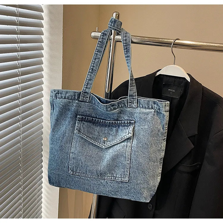 ROOS | Denim Tote Bag Voor Dames Met Voorvak En Lange Hengsels – Casual, Praktisch, Tijdloos
