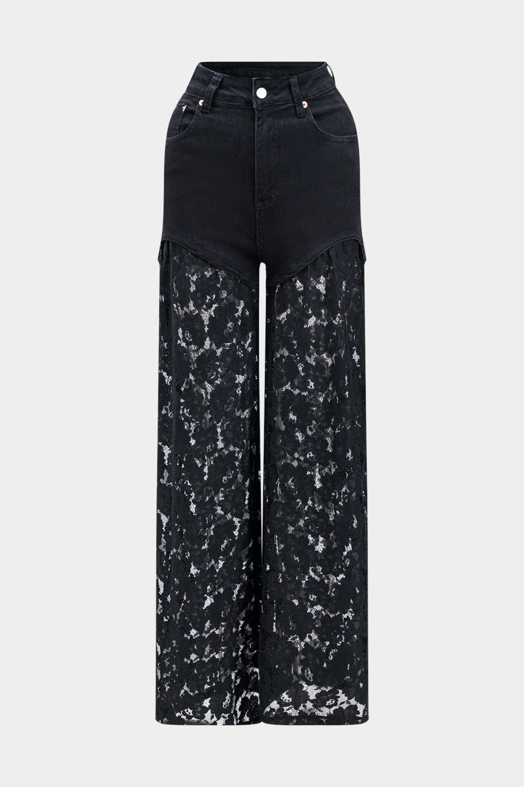 LORIE | High Waist Dames Denim Broek Met Transparante Kant Wijde Pijpen – Gedurfd, Modieus & Ideaal Voor Avonden Uit Of Festivals