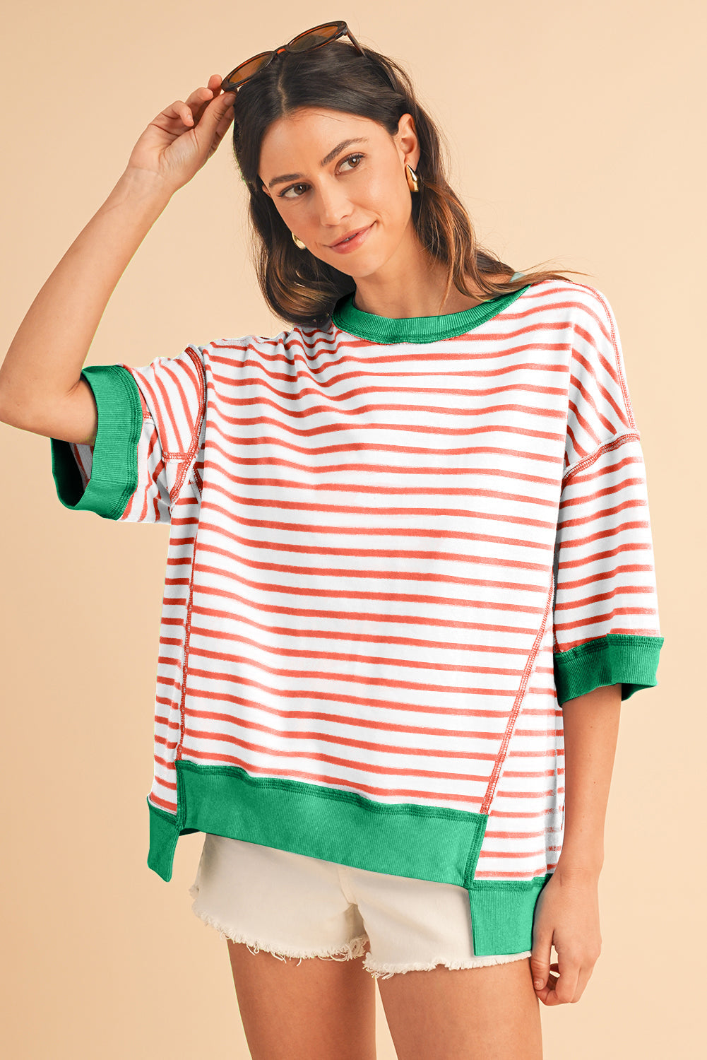ISA | Gestreept Loose Fit T-Shirt Voor Dames Met Contrast Trim En Wijde Mouwen – Comfortabel, Casual, Stijlvol