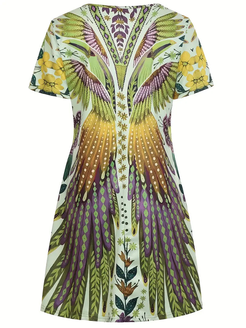 HANA | Korte Zomerjurk Met Vleugelprint – Kleurrijk, Comfortabel & Boho-chic Voor Elke Dag
