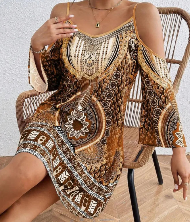 SELENA | Zomerse Dames Midi Jurk Met Unieke Print – Off-Shoulder, Spaghettibandjes, Ademend Textiel – Vrouwelijk, Luchtig, Elegant