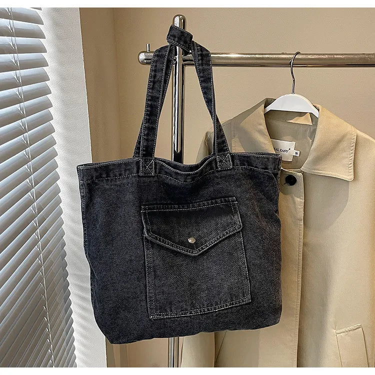 ROOS | Denim Tote Bag Voor Dames Met Voorvak En Lange Hengsels – Casual, Praktisch, Tijdloos