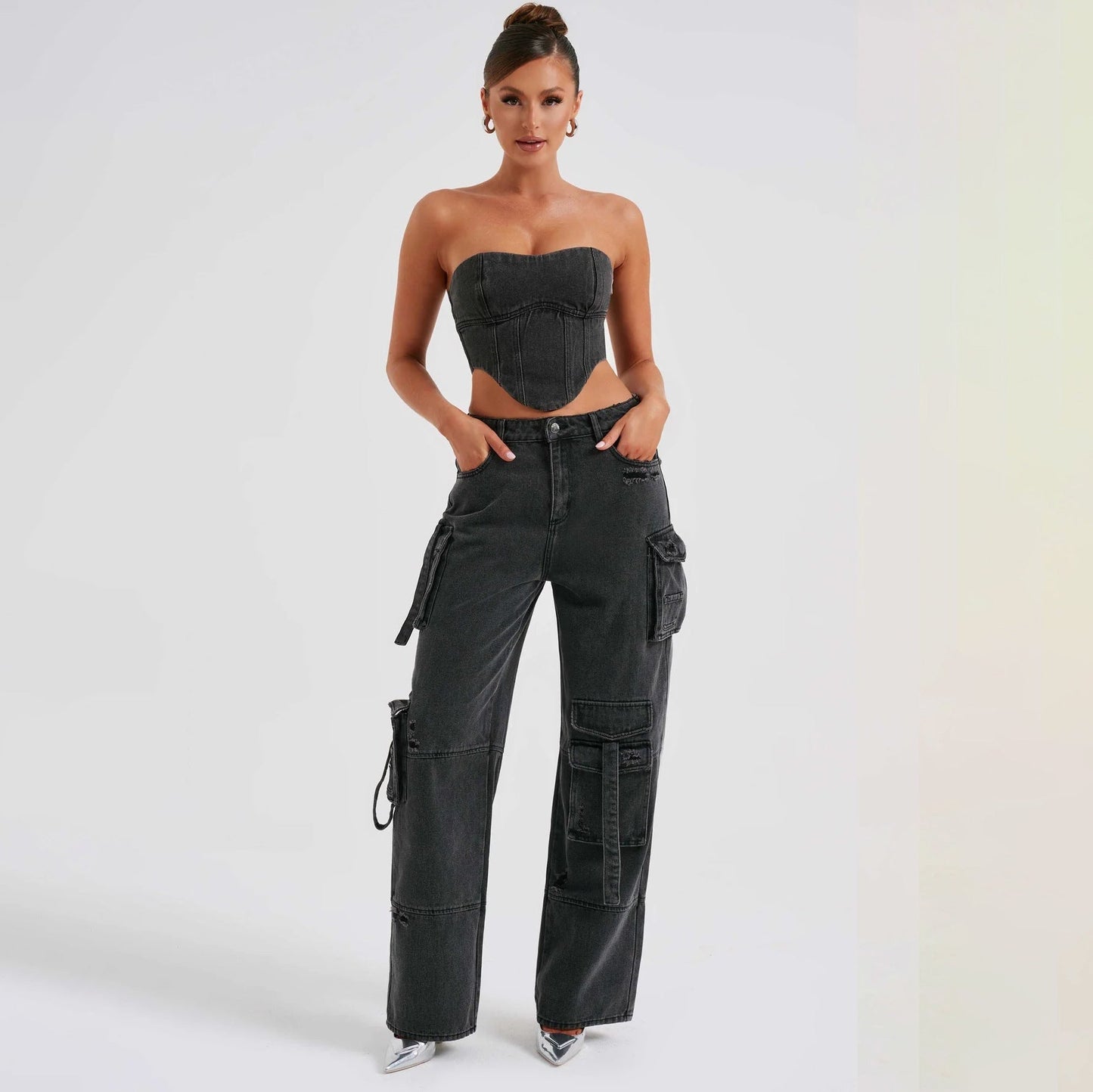 JUTTA | Relaxed Fit Cargo Jeans Voor Dames | Bijpassende Top - Stoer, Elegant & Stijlvol