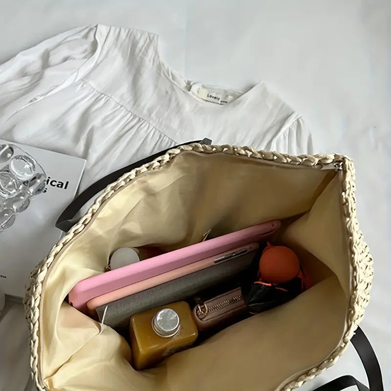 JUNE | Dames Tote Bag Met Geweven Design & Ritssluiting – Ruim Formaat & Lange Comfortabele Schouderhengsels