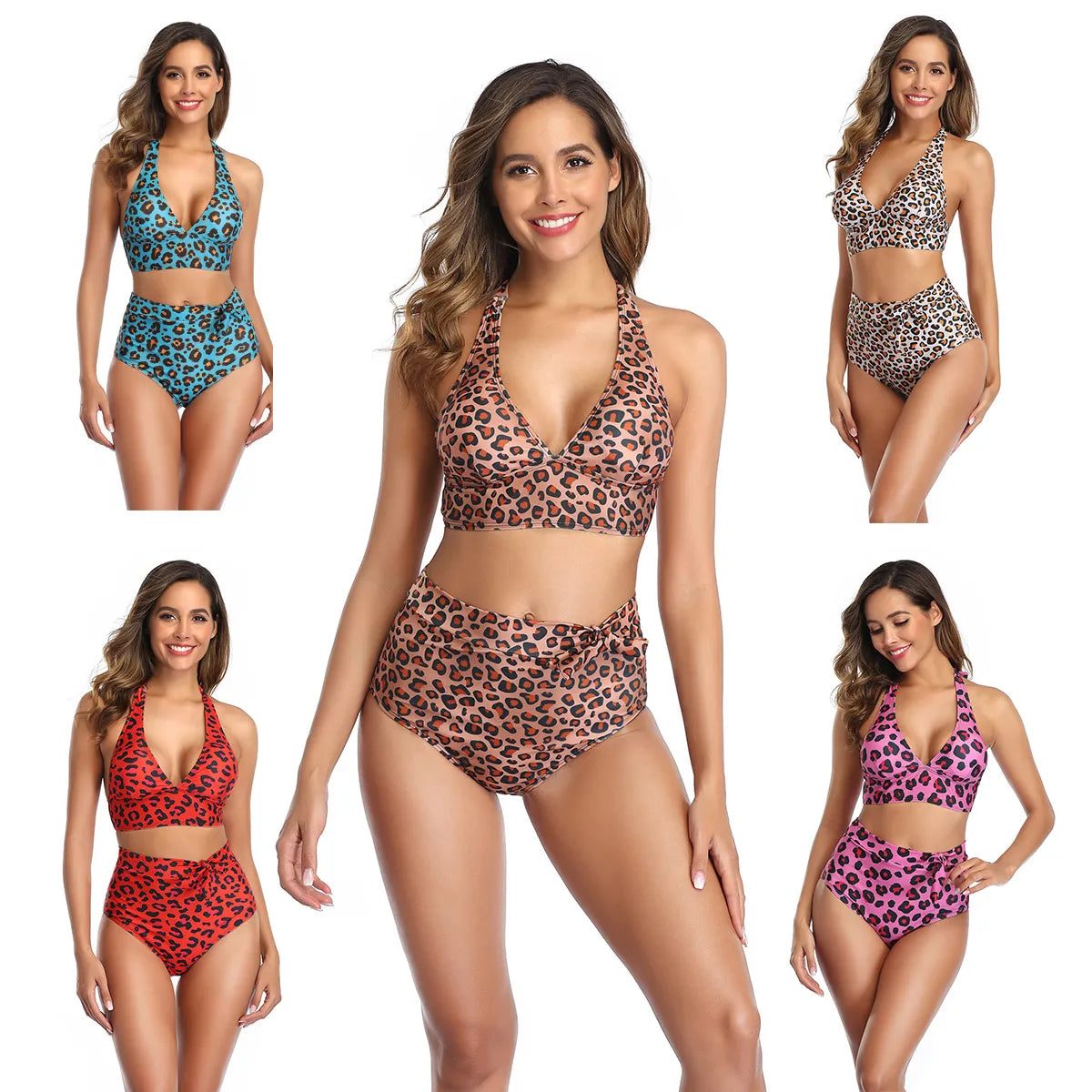 LÉONA | Elegante High Waist Bikini met Luipaardprint en Haltertop - Zomers & Comfortabel