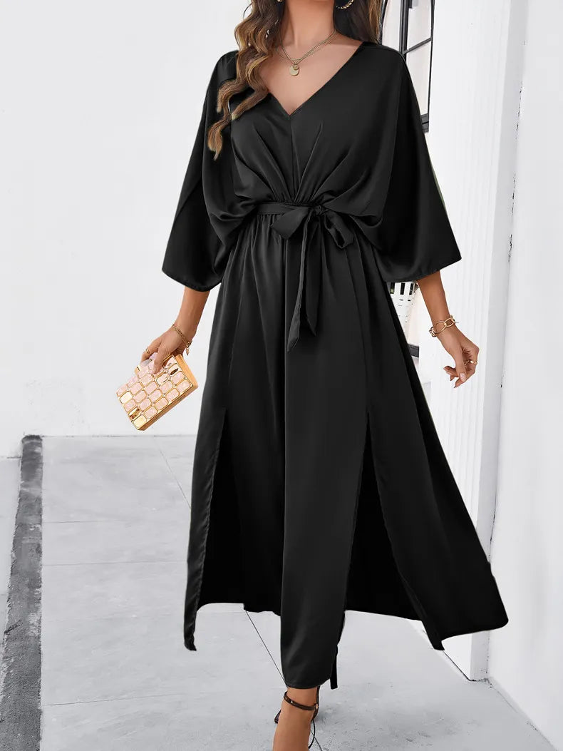 CÉLESTE | Chique Damesjurk Met V-Hals, Strikdetail & Split – Elegant & Vrouwelijk Voor Feestelijke Gelegenheden