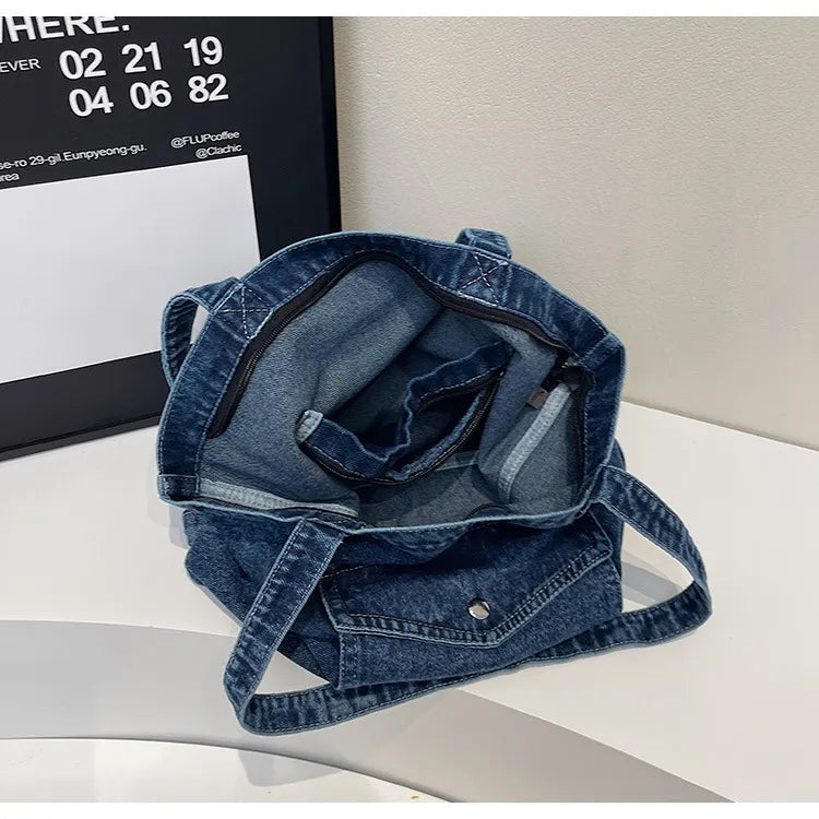 ROOS | Denim Tote Bag Voor Dames Met Voorvak En Lange Hengsels – Casual, Praktisch, Tijdloos