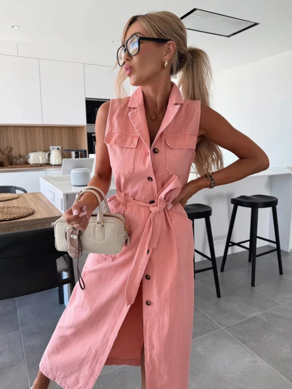 MAYA | Dames Denim Midi Jurk Zonder Mouwen – Stoer, Vrouwelijk & Perfect Voor Elke Dag