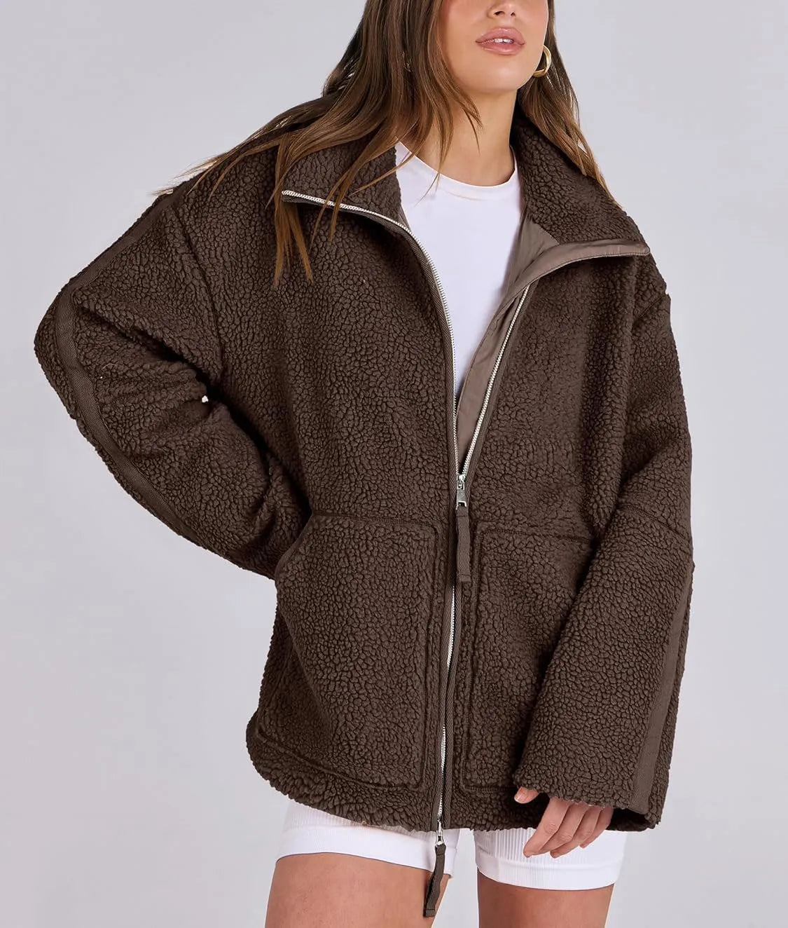 ROMY | Oversized Lamswollen Damesjas met Rits en Staande Kraag - Warm, Stijlvol & Perfect voor de Frisse Dagen
