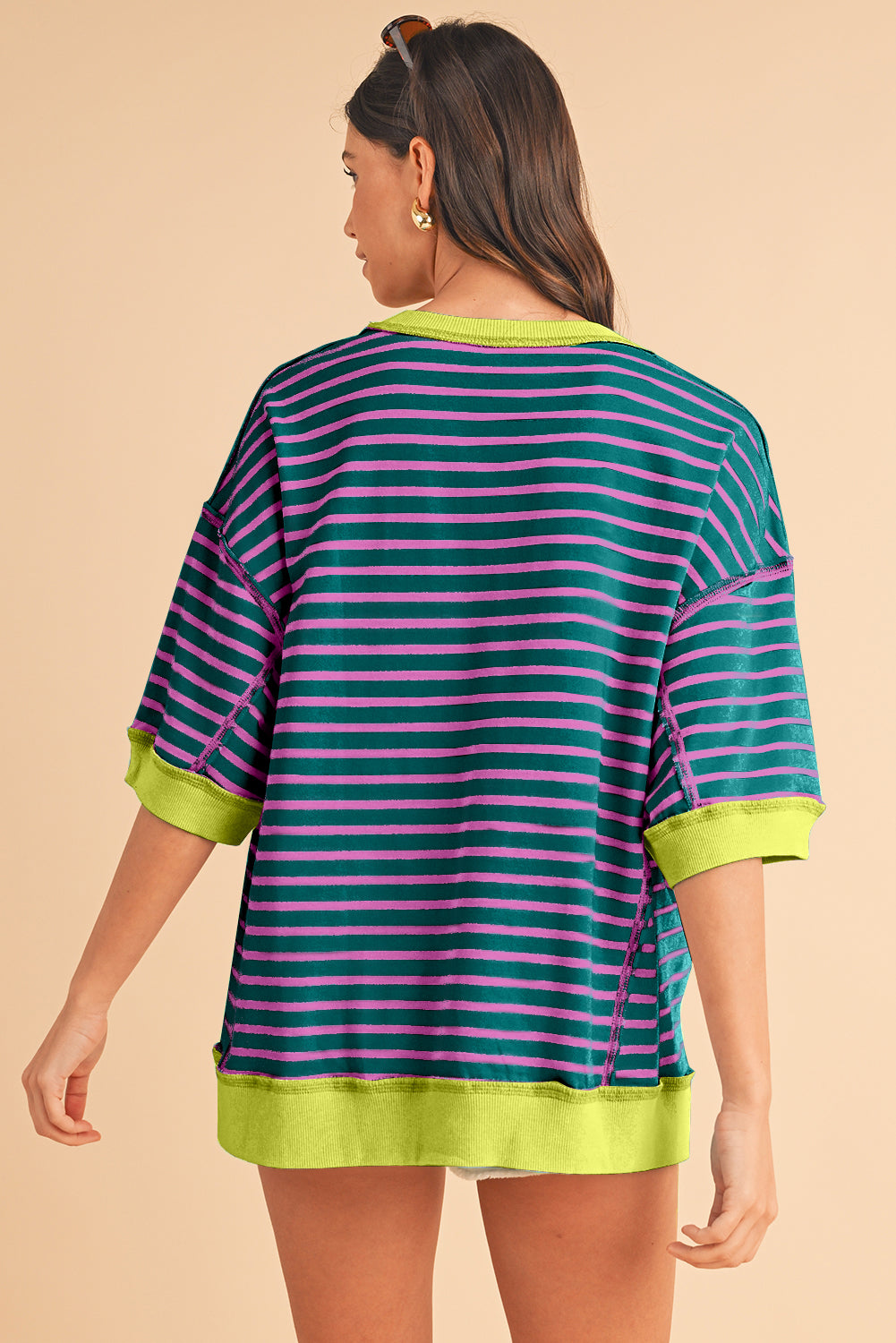 ISA | Gestreept Loose Fit T-Shirt Voor Dames Met Contrast Trim En Wijde Mouwen – Comfortabel, Casual, Stijlvol