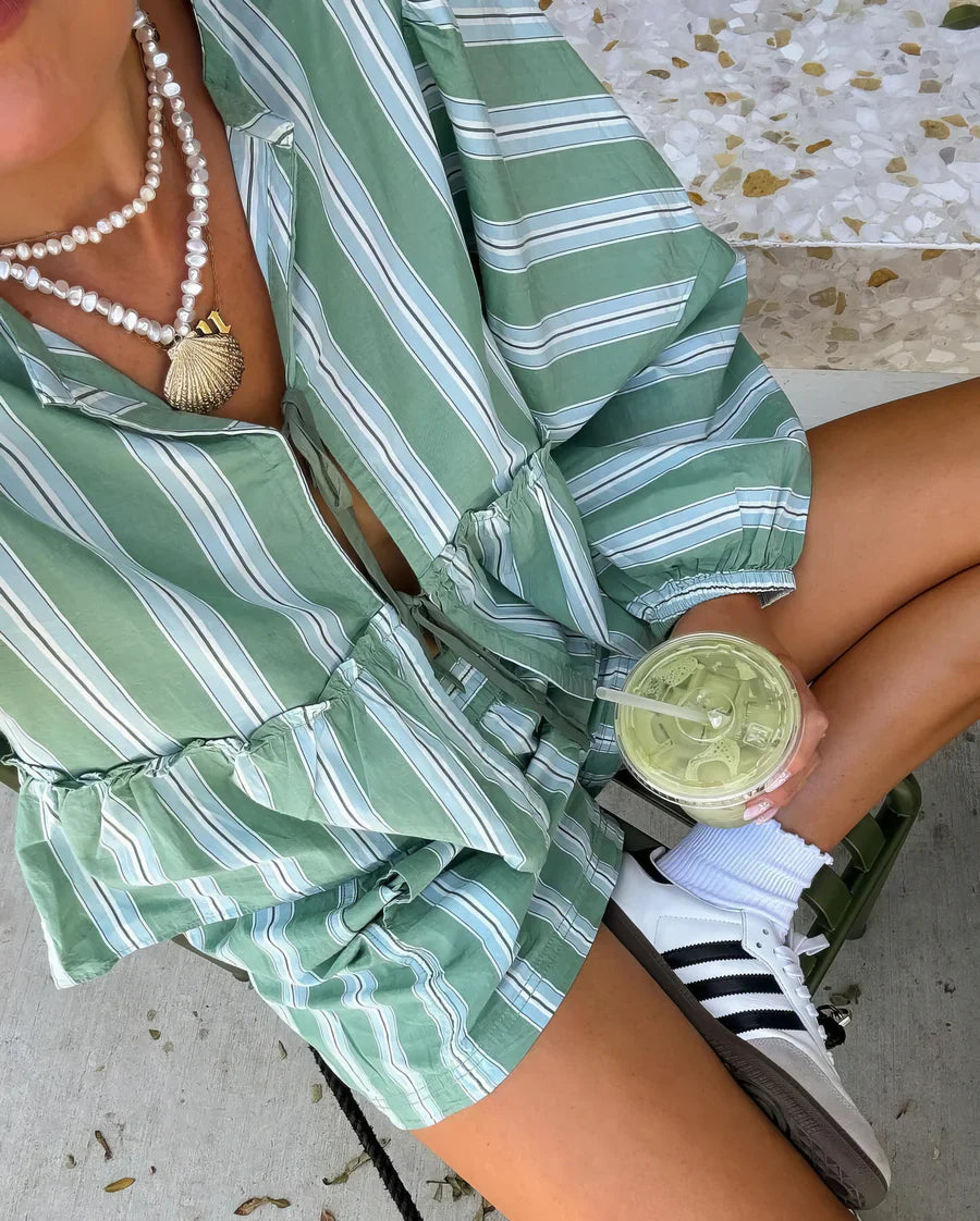RAVI | 2-Delige Set Dames – Gestreepte Blouse & Comfort Short voor de Zomer