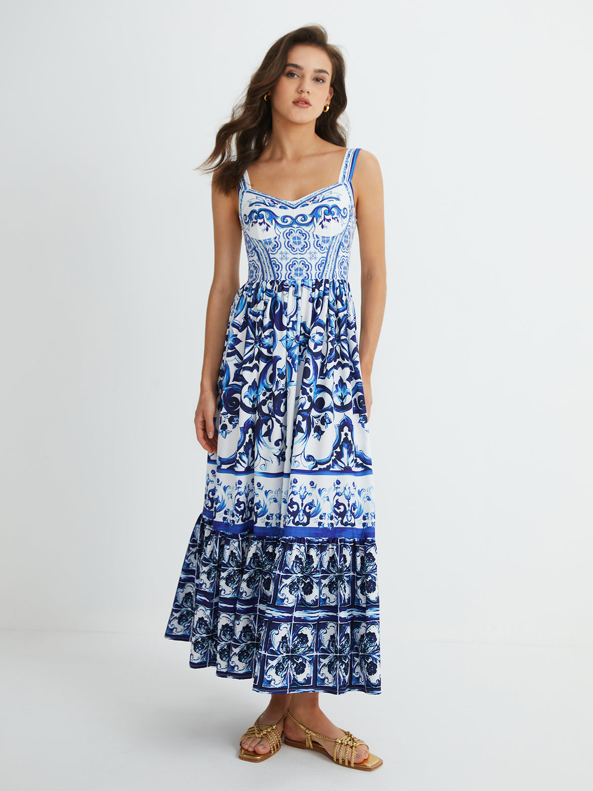 TALISA | Blauwe Damesjurk met Elegant Plooidesign en Fijne Printdetails
