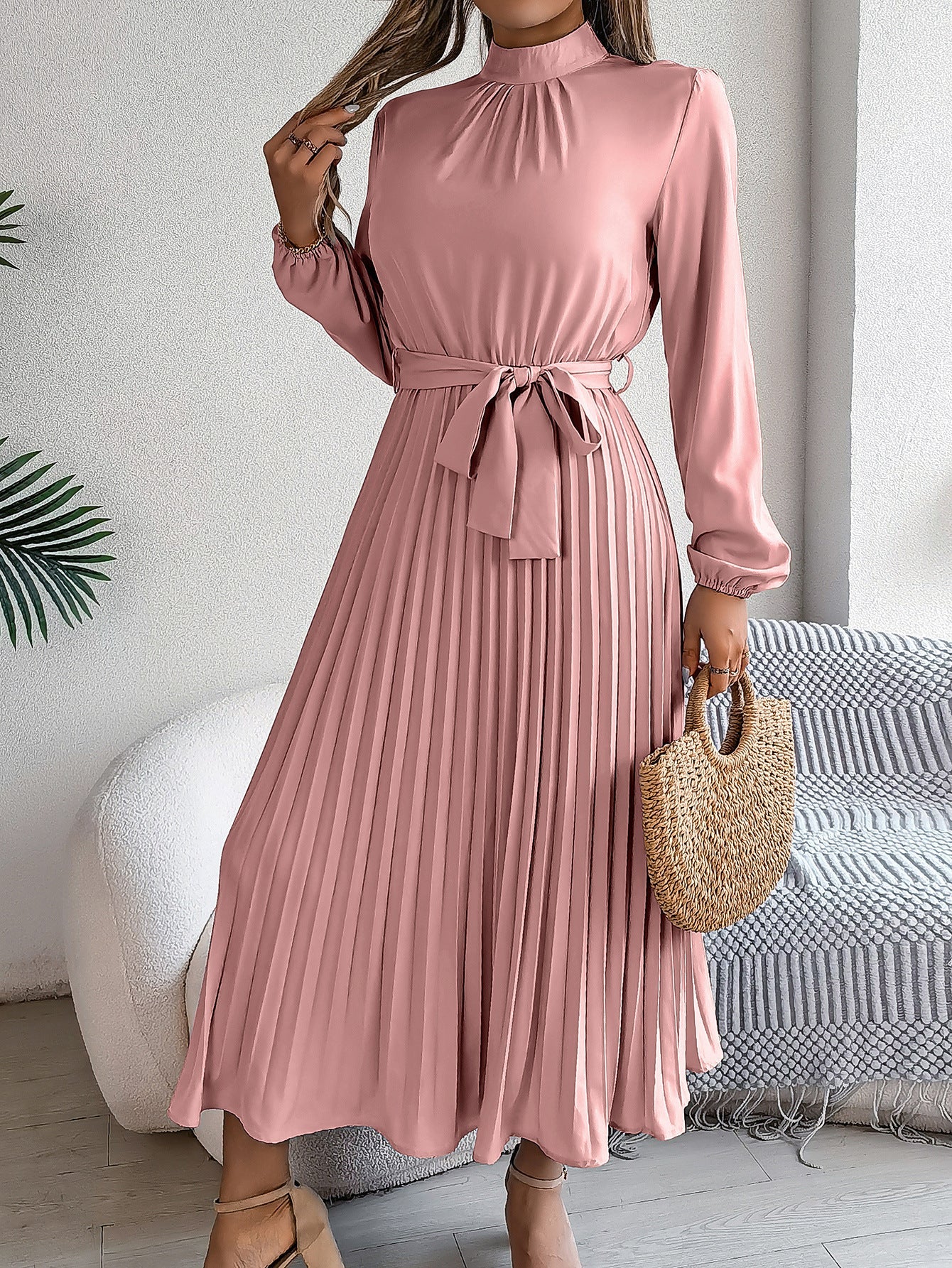 BEA | Elegante Damesjurk met Opstaande Kraag, Lange Mouwen & Geplooide Rok