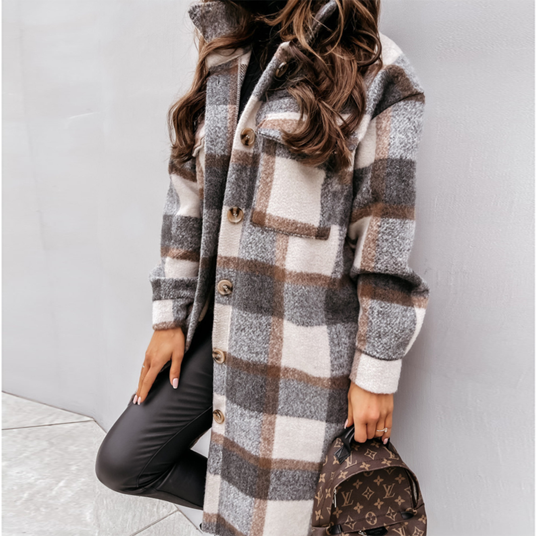 JOLIE | Lange Geruite Damesjas – Herfstfavoriet met Ademend Comfort & Statementstijl
