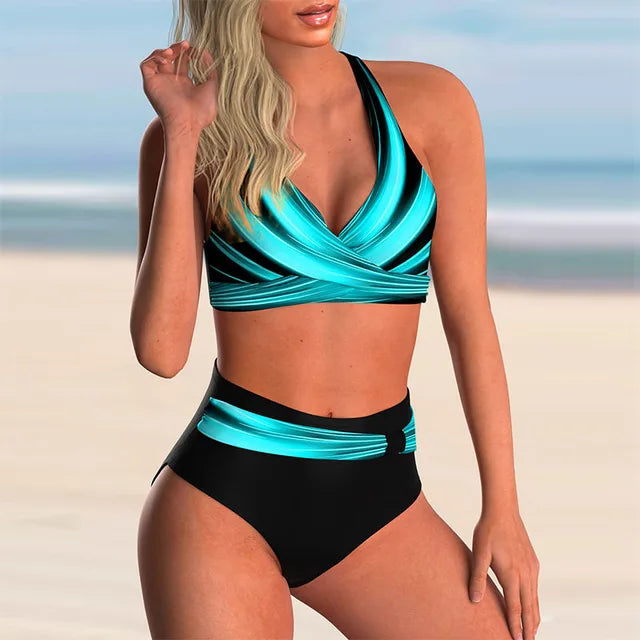 ZOÉ | Zwart-Turquoise Cross Front Bikini Set Met Hoge Taille - Flatterend & Stijlvol